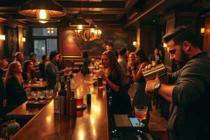 a wide landscape photorealistic shot of a vibrant inviting local bar interior during a bustling e