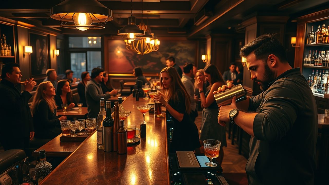 a wide landscape photorealistic shot of a vibrant inviting local bar interior during a bustling e