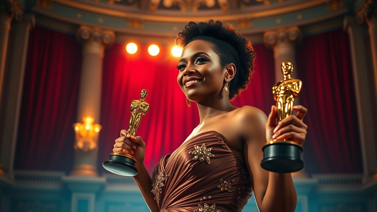 a wide landscape shot capturing a pivotal moment of triumph for a woman reminiscent of halle berry