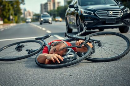 a wide landscape shot capturing the immediate aftermath of a bicycle accident on a clear well maint