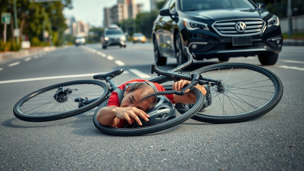 a wide landscape shot capturing the immediate aftermath of a bicycle accident on a clear well maint