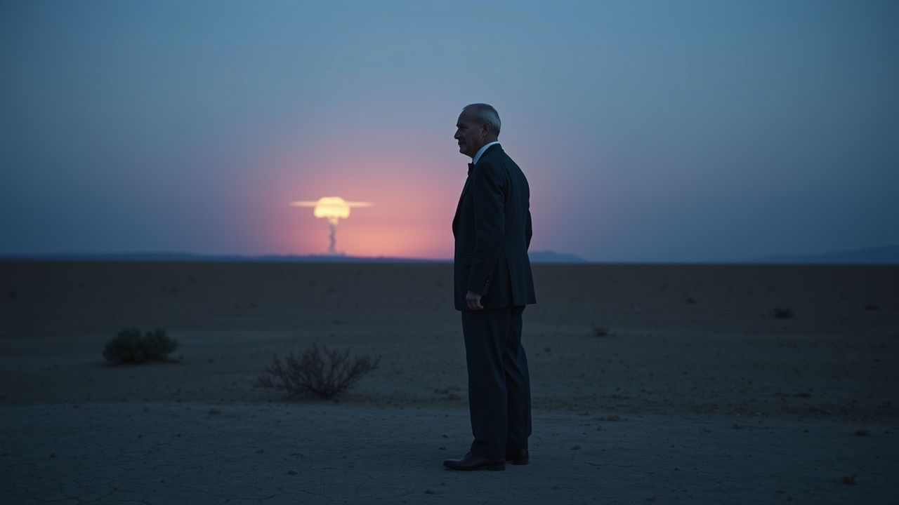 a wide landscape shot depicting j robert oppenheimer standing alone on a desolate windswept dese