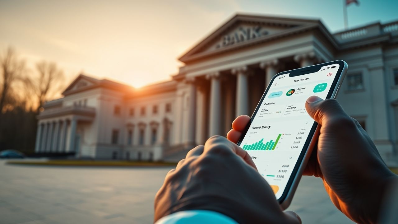 a wide landscape shot depicting the evolution of modern finance in the foreground a close up of