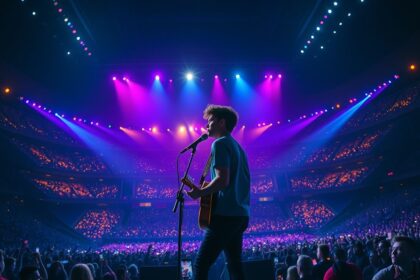 a wide landscape shot of shawn mendes performing on a massive brightly lit stadium stage at night