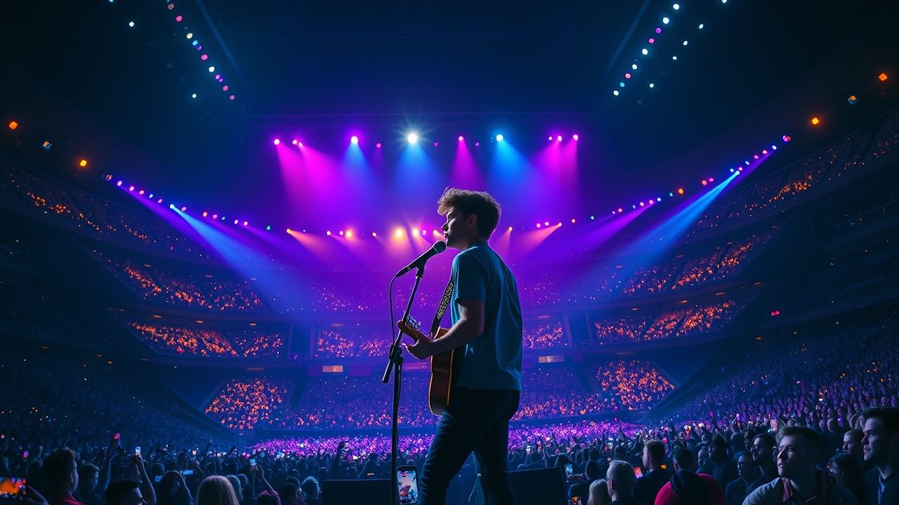 a wide landscape shot of shawn mendes performing on a massive brightly lit stadium stage at night