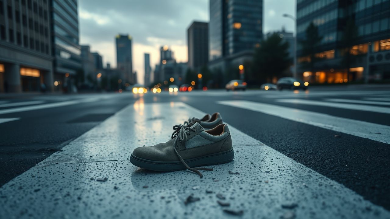 a wide low angle landscape shot capturing the aftermath of a subtle pedestrian incident in a bustli