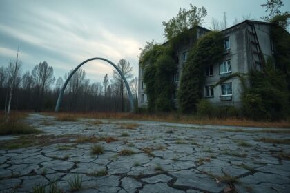 a wide melancholic landscape view of the chernobyl exclusion zone in the foreground and midground