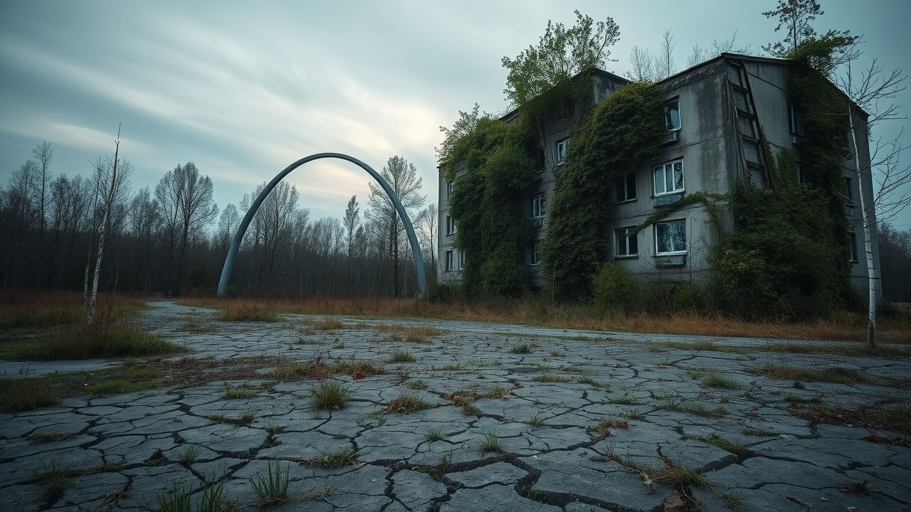 a wide melancholic landscape view of the chernobyl exclusion zone in the foreground and midground
