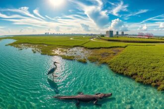 a wide panoramic landscape photograph capturing the complex essence of florida in the foreground