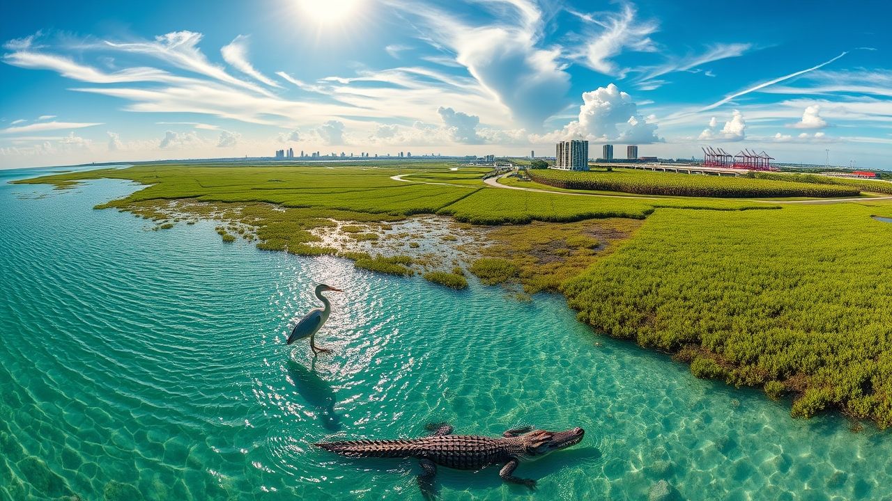 a wide panoramic landscape photograph capturing the complex essence of florida in the foreground