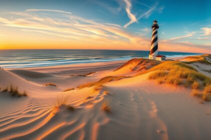 a wide panoramic landscape shot of the iconic cape hatteras lighthouse standing tall on the outer b