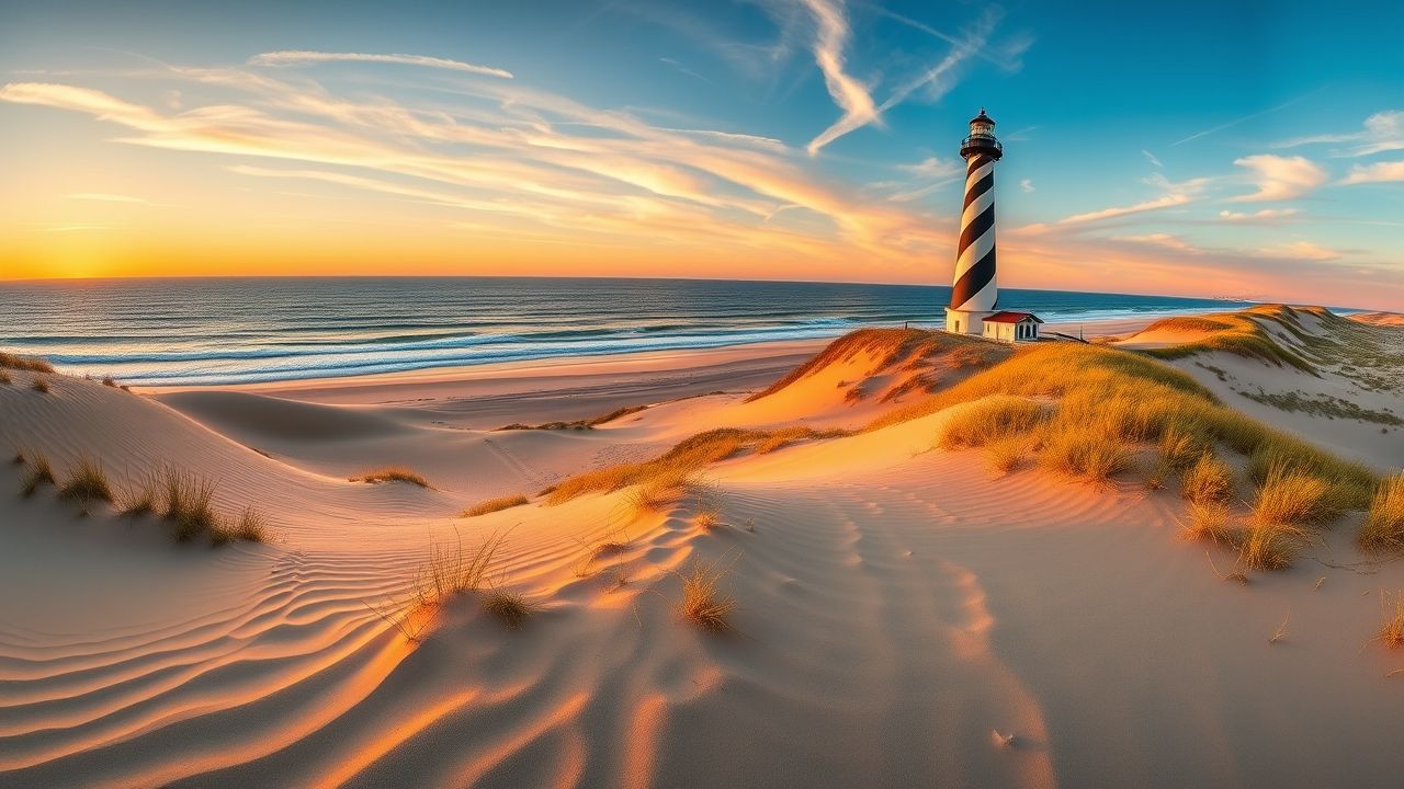 a wide panoramic landscape shot of the iconic cape hatteras lighthouse standing tall on the outer b