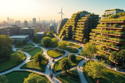 a wide panoramic view of a thriving modern sustainable city at late afternoon bathed in warm sof