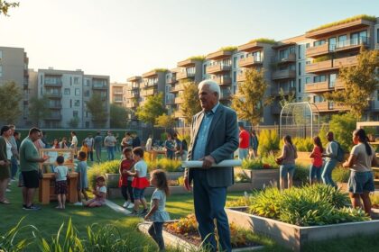 a wide realistic landscape image depicting a vibrant revitalized urban community space in the for