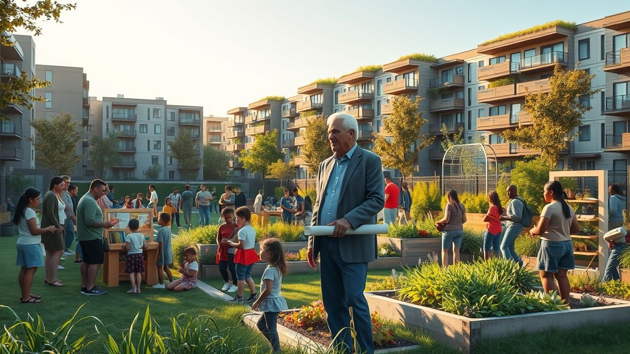 a wide realistic landscape image depicting a vibrant revitalized urban community space in the for