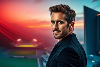 a wide realistic landscape image featuring a charismatic and confident ryan reynolds appearing to