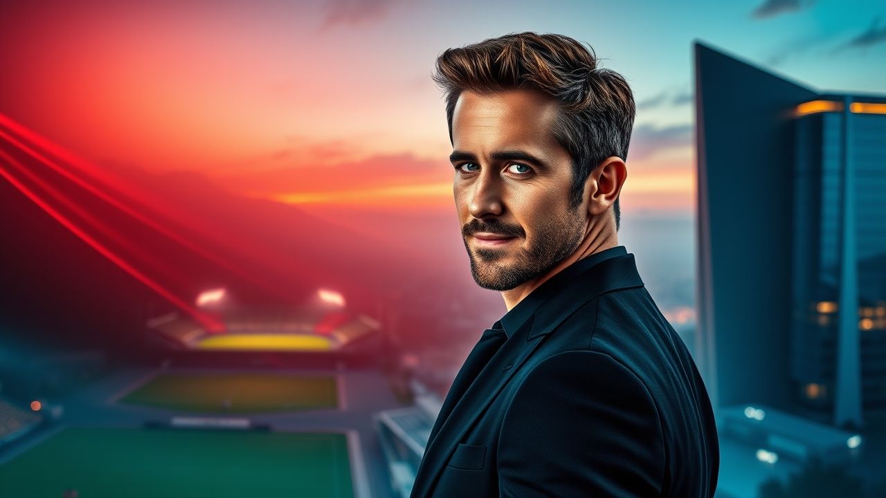 a wide realistic landscape image featuring a charismatic and confident ryan reynolds appearing to